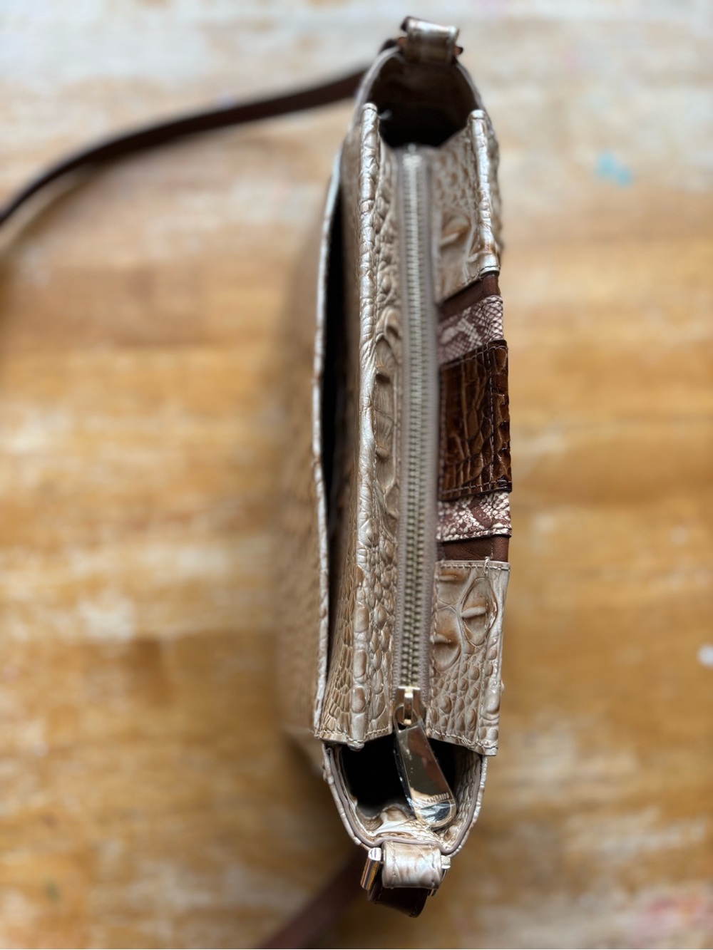 Brahmin Hilary Crossbody Beige and Brown Croc-Embossed Leather with Tassel - Picture 9 of 16